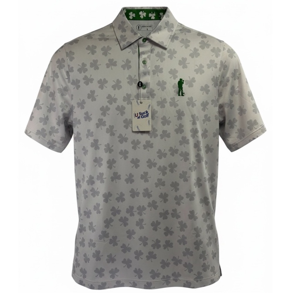 U Suck at Golf Mens Large Shamrock Golf  Polo White w/ Grey Clover (P18) NEW‎